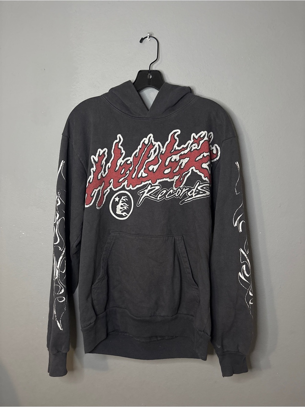 Gray Pullover Hoodie with Red Flame Graphic